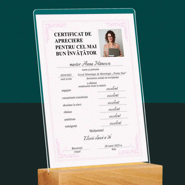 Fotografie Si Semnătură: Certificat Cel Mai Bun Învățător - Imprimare Pe Sticlă Acrilică (Verticală)