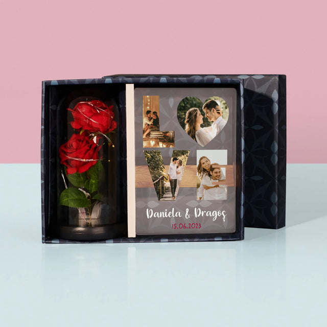 Cuvânt Din Fotografii: Love Din Fotografiile Tale - Set Cadou Cu Imprimare Pe Sticlă Și Trandafirul Etern