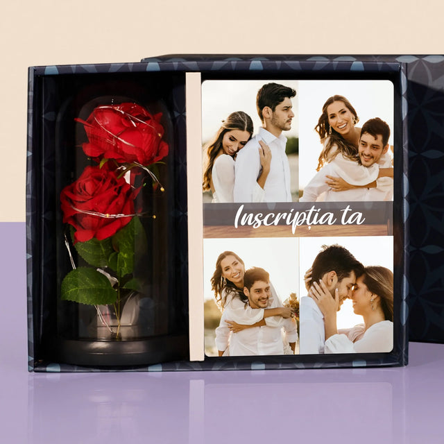Colaj De Fotografii: 4 Fotografii Cu Inscripție - Set Cadou Cu Imprimare Pe Sticlă  Și Trandafirul Etern