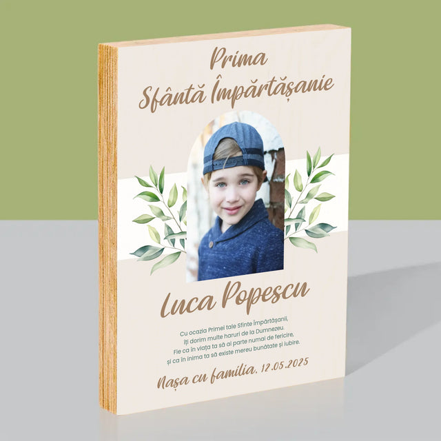 Fotografie Si Semnătură: Felicitări Cu Ocazia Primei Sfinte Împărtășanii - Imprimare Pe Lemn ( Verticală)