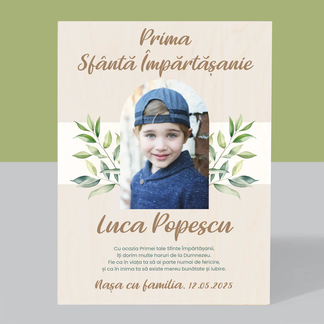 Fotografie Si Semnătură: Felicitări Cu Ocazia Primei Sfinte Împărtășanii - Imprimare Pe Lemn ( Verticală)