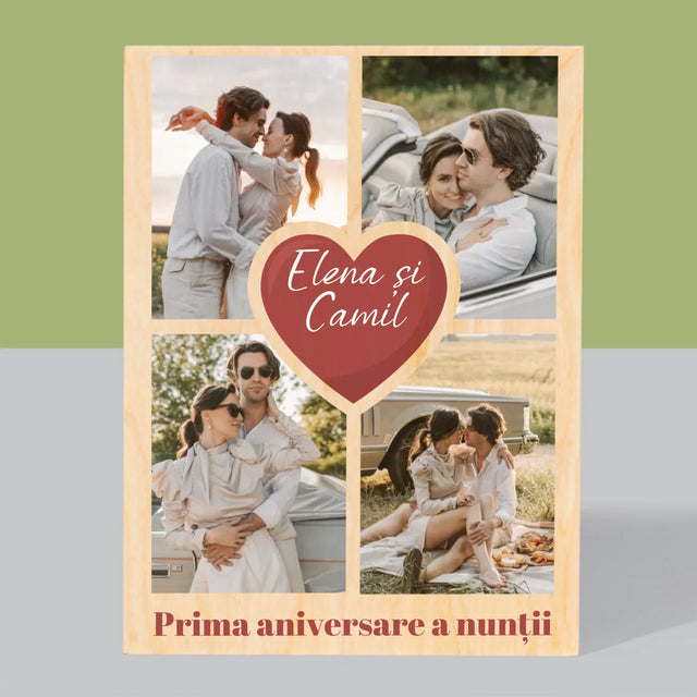 Colaj De Fotografii: Prima Aniversare A Nunții – Inimă - Imprimare Pe Lemn ( Verticală)