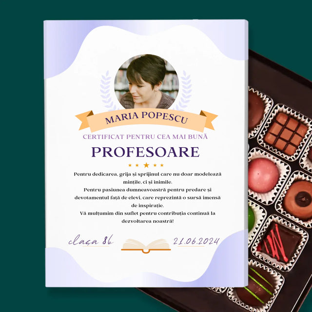 Fotografie Si Semnătură: Certificat De Recunoștință Pentru Cea Mai Bună Învățătoare - Praline