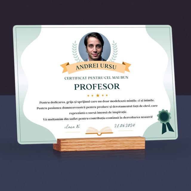 Fotografie Si Semnătură: Certificat De Recunoștință Pentru Cea Mai Bună Învățătoare - Imprimare Pe Sticlă Acrilică (Horizontală)