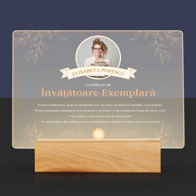 Fotografie Si Semnătură: Certificat De Învățătoare Exemplară - Imprimare Pe Sticlă Acrilică (Horizontală)