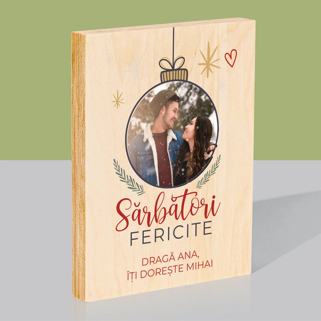 Fotografie Si Semnătură: Sărbători Fericite Jucărie De Brad - Imprimare Pe Lemn ( Verticală)
