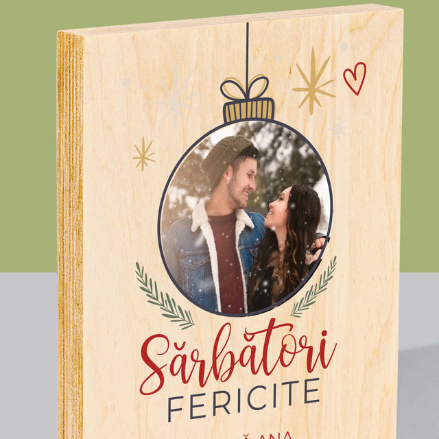 Fotografie Si Semnătură: Sărbători Fericite Jucărie De Brad - Imprimare Pe Lemn ( Verticală)