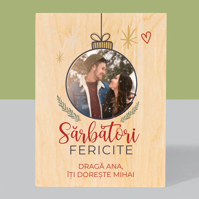 Fotografie Si Semnătură: Sărbători Fericite Jucărie De Brad - Imprimare Pe Lemn ( Verticală)