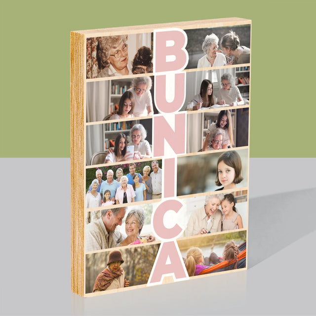 Colaj De Fotografii: Bunica - Imprimare Pe Lemn ( Verticală)