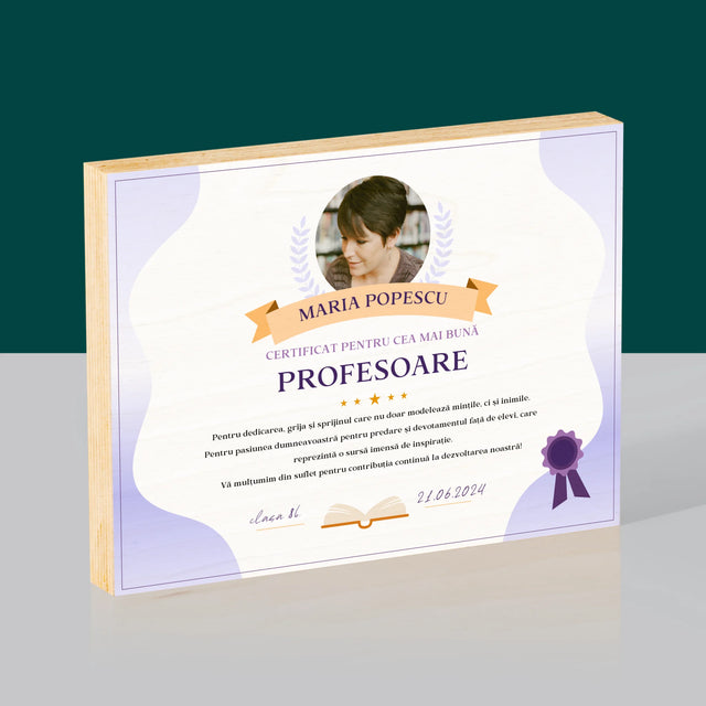 Fotografie Si Semnătură: Certificat De Recunoștință Pentru Cea Mai Bună Învățătoare - Imprimare Pe Lemn (Horizontală)