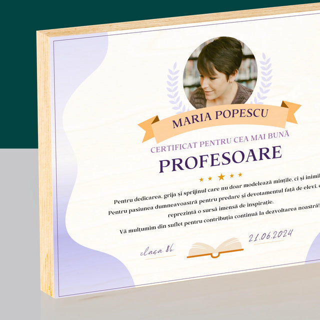Fotografie Si Semnătură: Certificat De Recunoștință Pentru Cea Mai Bună Învățătoare - Imprimare Pe Lemn (Horizontală)