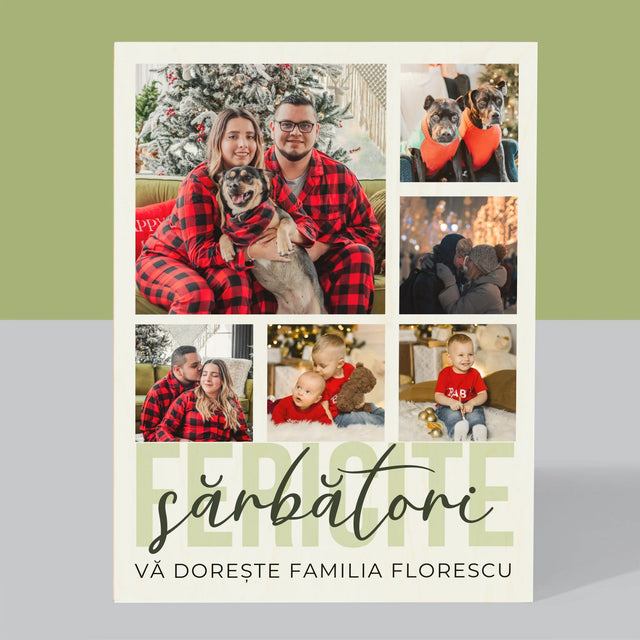 Colaj De Fotografii: Sărbători Fericite - Imprimare Pe Lemn ( Verticală)
