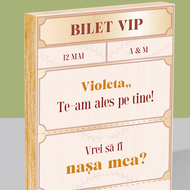 Numele Și Semnătura: Bilete Vip Nașă - Imprimare Pe Lemn ( Verticală)