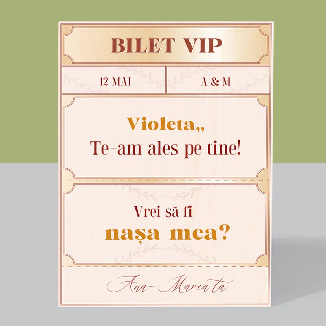 Numele Și Semnătura: Bilete Vip Nașă - Imprimare Pe Lemn ( Verticală)