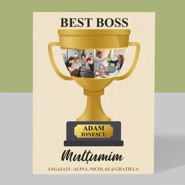 Colaj De Fotografii: Cupa Best Boss - Imprimare Pe Lemn ( Verticală)