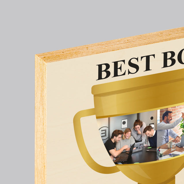 Colaj De Fotografii: Cupa Best Boss - Imprimare Pe Lemn ( Verticală)