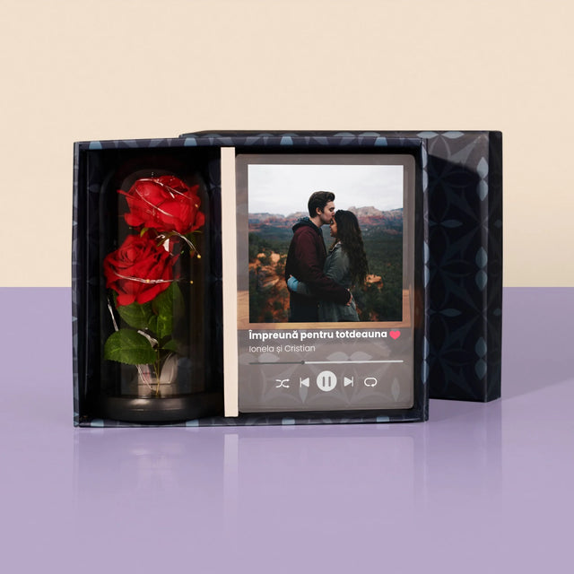 Fotografie Si Semnătură: Spotify Cu Fotografia Ta - Set Cadou Cu Imprimare Pe Sticlă  Și Trandafirul Etern