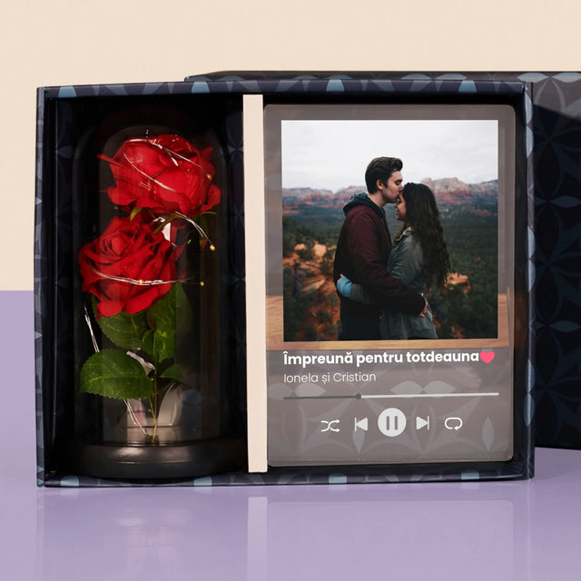 Fotografie Si Semnătură: Spotify Cu Fotografia Ta - Set Cadou Cu Imprimare Pe Sticlă  Și Trandafirul Etern