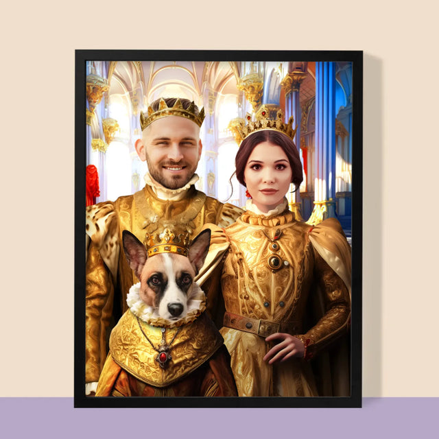 Portret Regal: Regele Și Regina Cu Animalul Lor De Companie - Imprimare Cu Ramă 30X40 (Verticală)