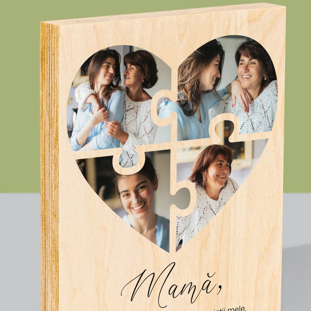 Colaj De Fotografii: Inimă Puzzle Pentru Mama - Imprimare Pe Lemn ( Verticală)