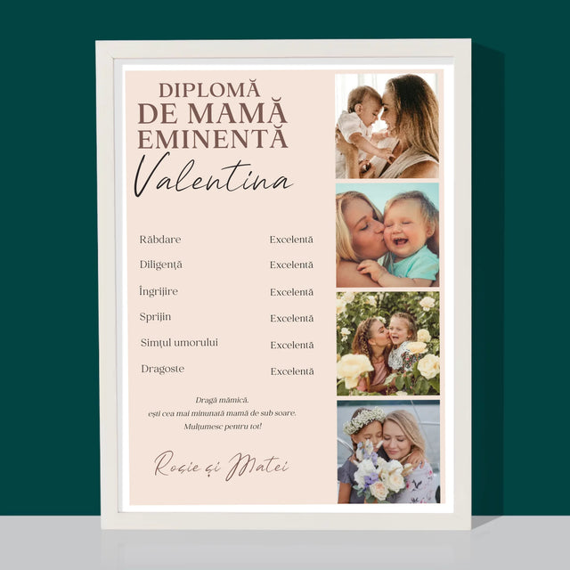 Colaj De Fotografii: Diplomă De Mamă Eminentă - Imprimare Cu Ramă 30X40 (Verticală)