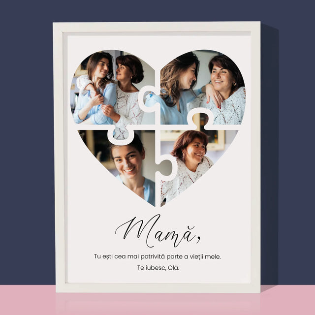 Colaj De Fotografii: Inimă Puzzle Pentru Mama - Imprimare Cu Ramă 30X40 (Verticală)