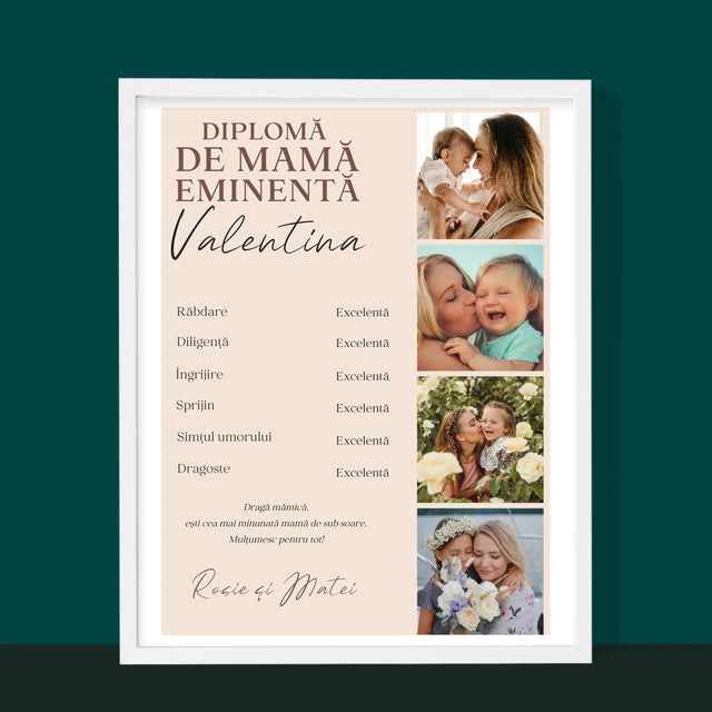 Colaj De Fotografii: Diplomă De Mamă Eminentă - Imprimare Cu Ramă 30X40 (Verticală)