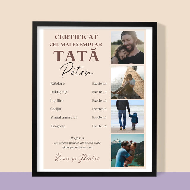 Colaj De Fotografii: Certificat De Tată Exemplar - Imprimare Cu Ramă 30X40 (Verticală)