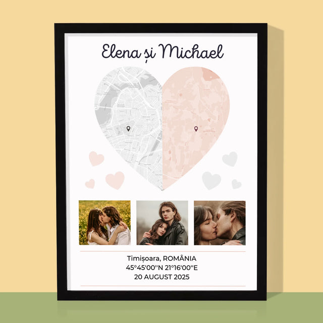 Harta Oraș: Două Jumătăți De Inimă - Imprimare Cu Ramă 30X40 (Verticală)
