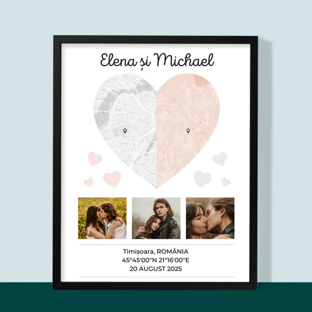 Harta Oraș: Două Jumătăți De Inimă - Imprimare Cu Ramă 30X40 (Verticală)