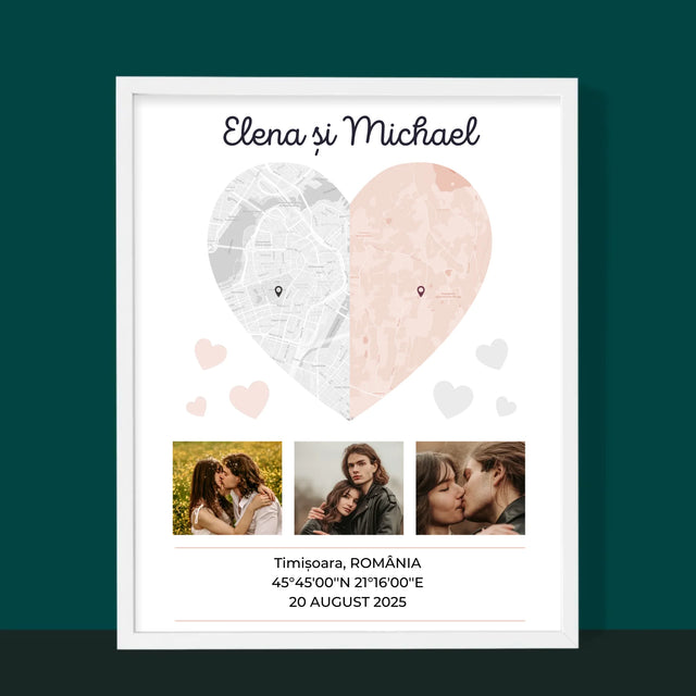 Harta Oraș: Două Jumătăți De Inimă - Imprimare Cu Ramă 30X40 (Verticală)