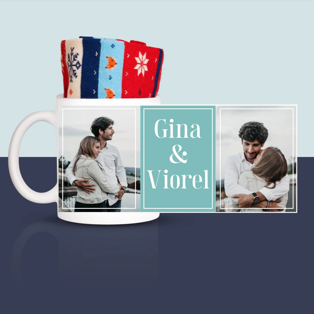 Colaj De Fotografii: Cuplu Nume - Șosete De Iarnă Într-O Cană