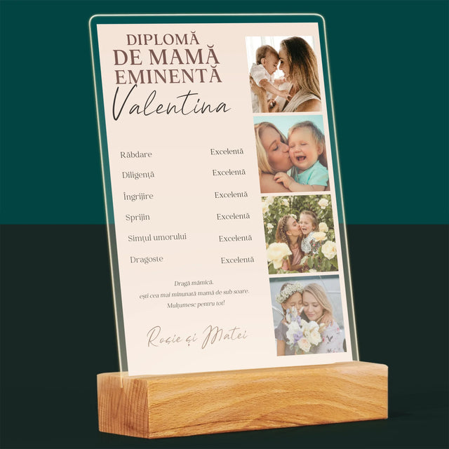Colaj De Fotografii: Diplomă De Mamă Eminentă - Imprimare Pe Sticlă Acrilică (Verticală)