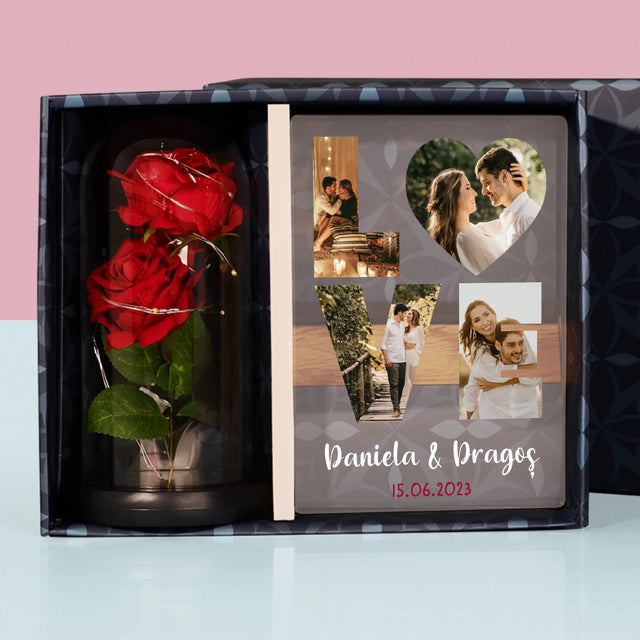 Cuvânt Din Fotografii: Love Din Fotografiile Tale - Set Cadou Cu Imprimare Pe Sticlă  Și Trandafirul Etern