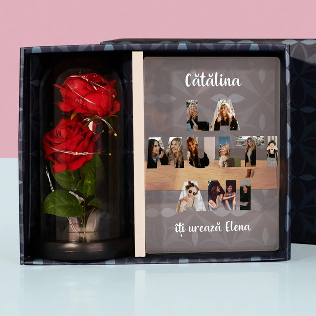 Cuvânt Din Fotografii: La Mulți Ani Din Fotografiile Tale - Set Cadou Cu Imprimare Pe Sticlă  Și Trandafirul Etern